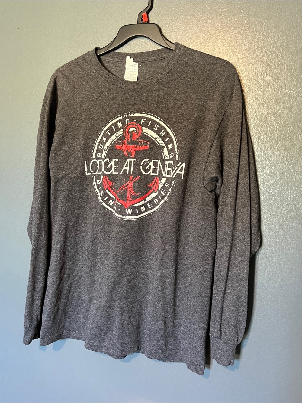 Lodge at Geneva Lake Erie Boating Fishing Anchor Long Sleeve Shirt L Gray